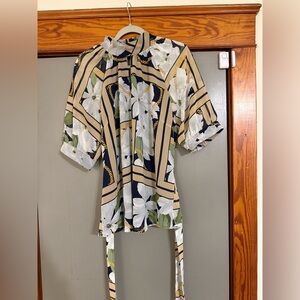 New York & Company Beige and Navy Floral Blouse